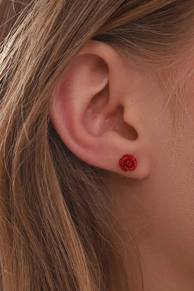 Aretes de Rosa Roja Chapados en Oro de Plata 925 para Mujer