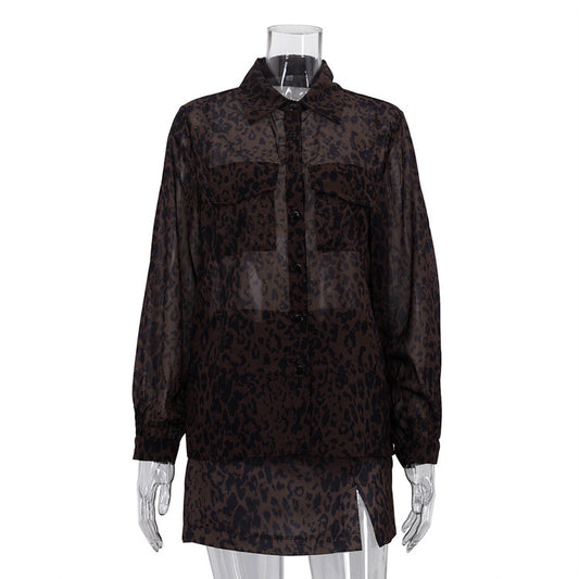 Conjunto Femenino de 2 Piezas: Blusa con Solapa + Falda de Tiro Alto Leopard Print
