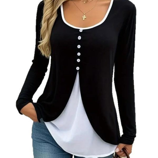 Casual Contrast Color Women's Two-piece Long-sleeved T-shirt