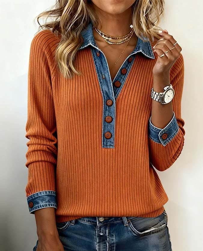 Denim Collar Long Sleeve Pullover Patchwork Knitwear Top