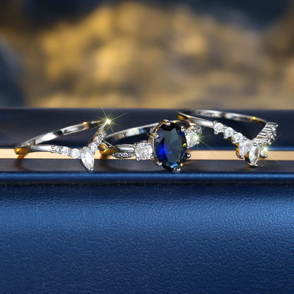 Set de Anillos (3 Piezas) en Platino con Diamante Azul Zafiro – Diseño Gota de Agua y Forma de Huevo