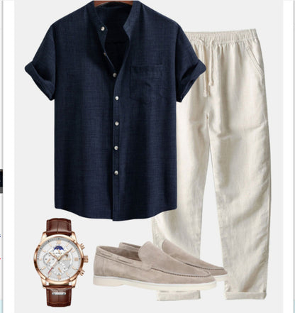 Cuello de soporte para hombre Camisa de manga corta de cola digital de moda ajustada delgada