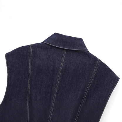 European And American Style Fashion String Decoration Lapel Sleeveless Denim Shirt