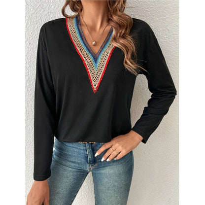 Autumn And Winter Lace Spliced V-neck Loose Long Sleeve