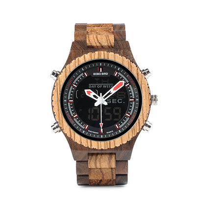 Full Wood Watch Quartz Watch Dual Movement Multi-function LED Watch