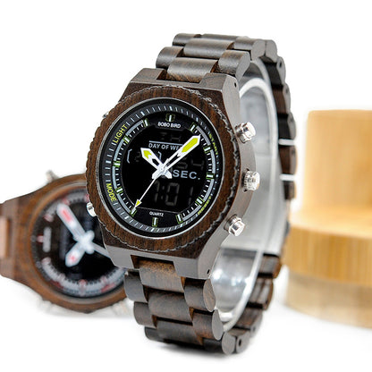 Full Wood Watch Quartz Watch Dual Movement Multi-function LED Watch