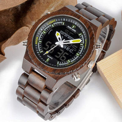 Full Wood Watch Quartz Watch Dual Movement Multi-function LED Watch