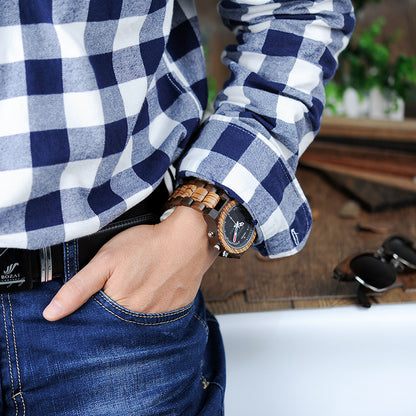 Full Wood Watch Quartz Watch Dual Movement Multi-function LED Watch
