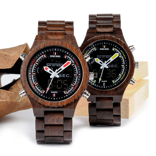 Full Wood Watch Quartz Watch Dual Movement Multi-function LED Watch