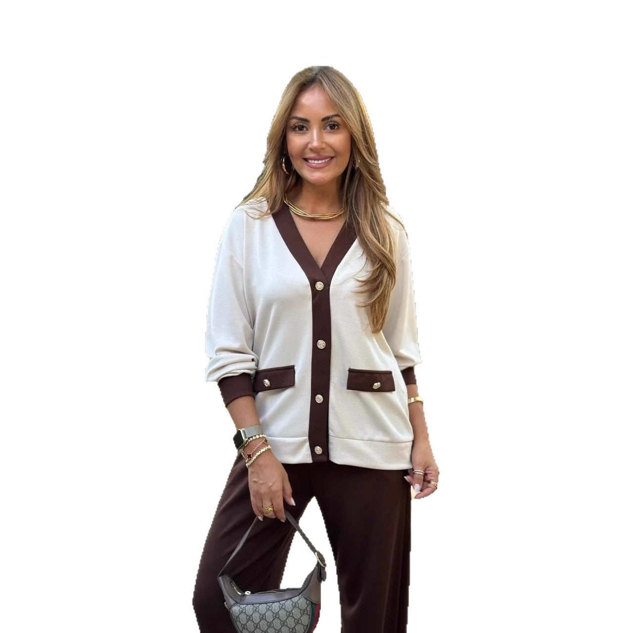 Cárdigan Tejido de Mujer con Contraste de Color y Cuello en V