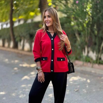 Cárdigan Tejido de Mujer con Contraste de Color y Cuello en V