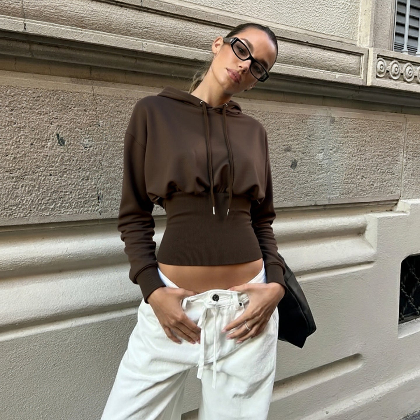 High Street American Idle Style Elastic Waist-tightening Hooded Jacket