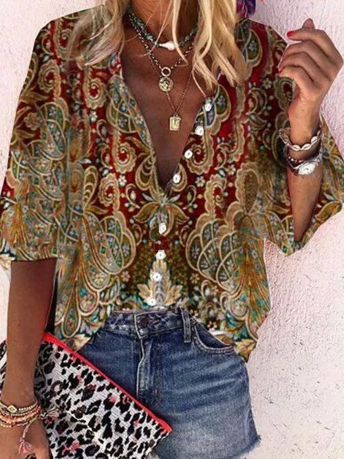 Bohemian Retro Geometric Print Colorful Spring And Autumn Women's Stand Collar Loose Shirt