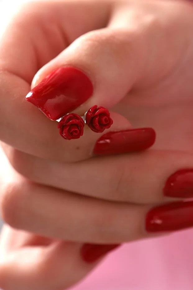 Aretes de Rosa Roja Chapados en Oro de Plata 925 para Mujer