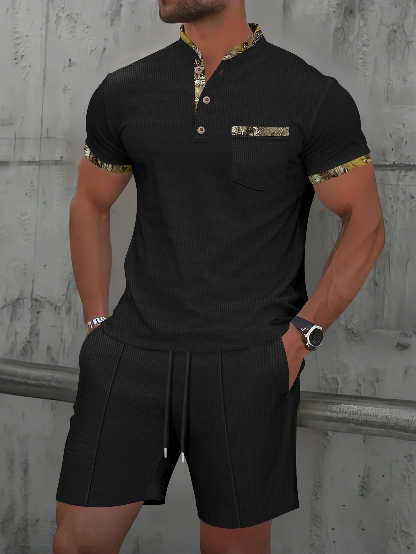 Traje de manga corta de cuello de color sólido de gofre para hombre