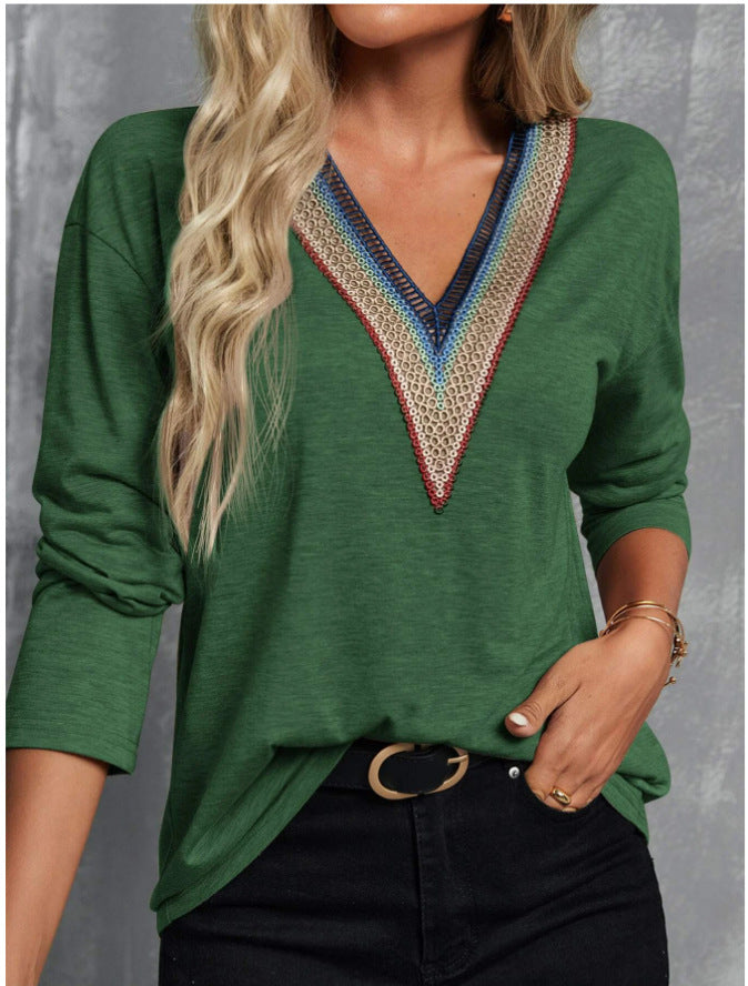Autumn And Winter Lace Spliced V-neck Loose Long Sleeve