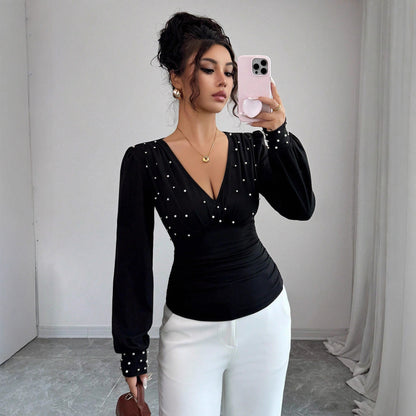 V-neck Pearl Solid Color Long Sleeved Fitted T-shirt Women