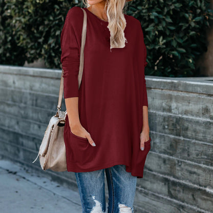 Round Neck Long Sleeve Pocket T-shirt Top