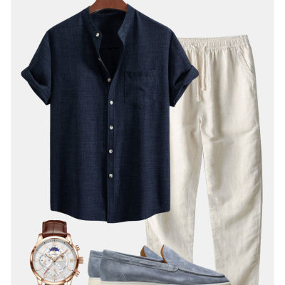 Cuello de soporte para hombre Camisa de manga corta de cola digital de moda ajustada delgada