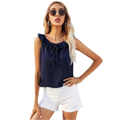 Women's Ruffled Sleeveless Vest Shirt Solid Color Commuting Temperament Top
