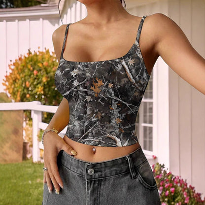 Top de ropa de verano para mujer Tweet Tube impreso Top Retro Spaghetti Straps