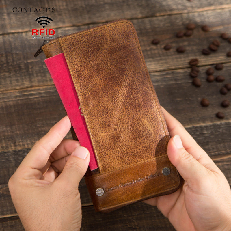 Billetera Larga de Hombre en Cuero Genuino con Bloqueo Antirrobo y Cierre