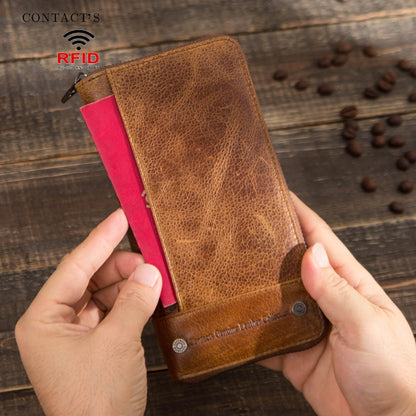 Billetera Larga de Hombre en Cuero Genuino con Bloqueo Antirrobo y Cierre