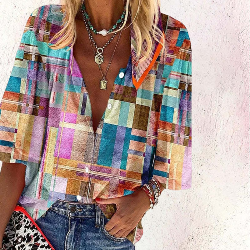 Bohemian Retro Geometric Print Colorful Spring And Autumn Women's Stand Collar Loose Shirt