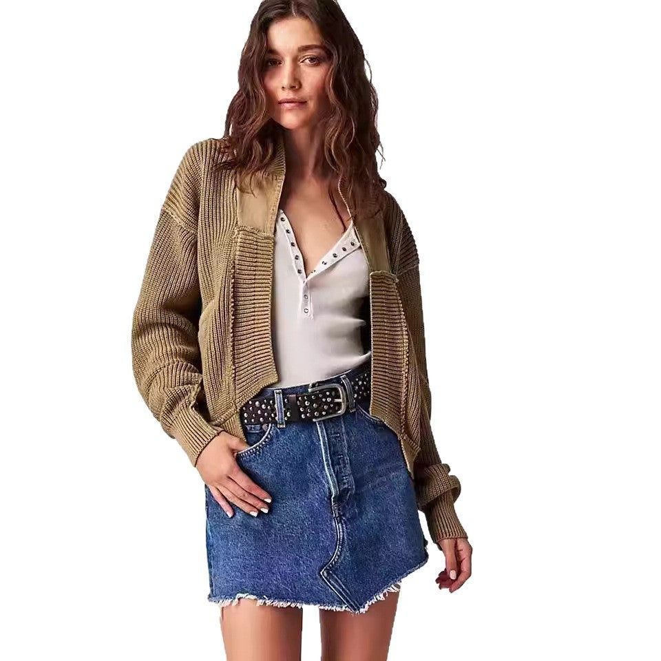 Women's Woolen Cardigan Splicing Coat Jacket