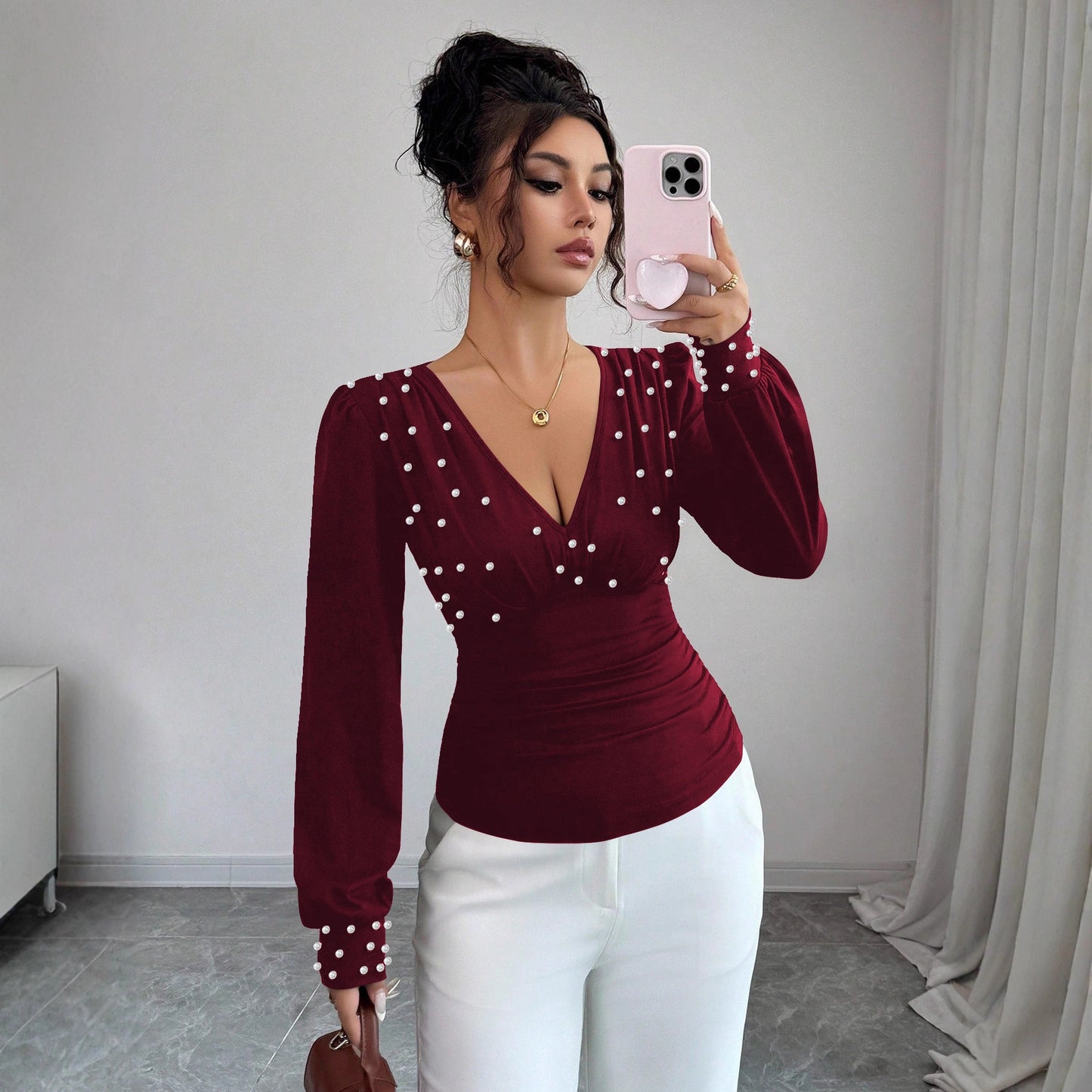 V-neck Pearl Solid Color Long Sleeved Fitted T-shirt Women