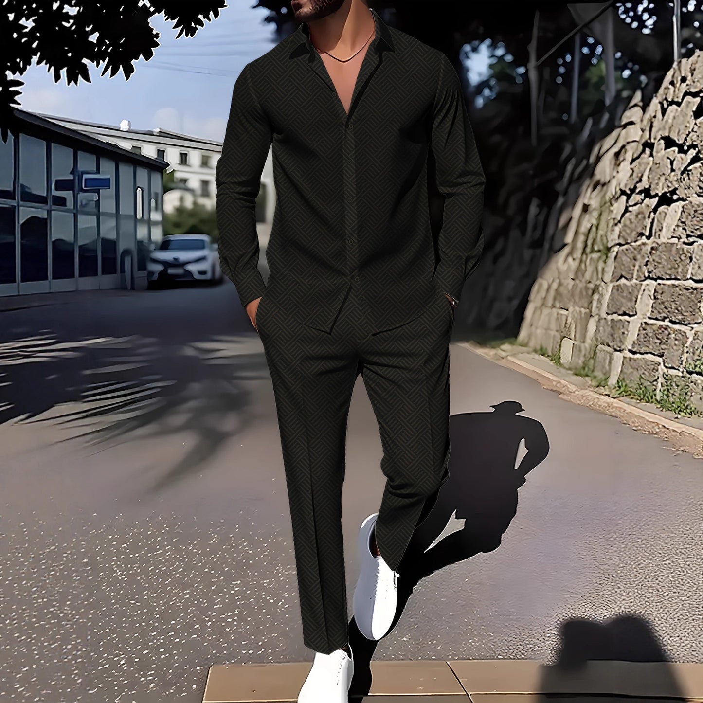 Primavera y otoño con una impresión de grano cuadrado a cuadros de otoño cómodo traje básico para hombres