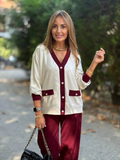 Cárdigan Tejido de Mujer con Contraste de Color y Cuello en V