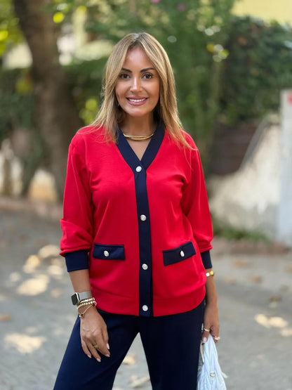 Cárdigan Tejido de Mujer con Contraste de Color y Cuello en V