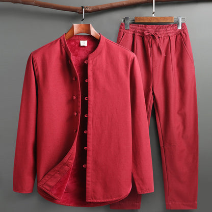 Traje  tipo oriental  de manga larga sin cuello de algodón de manga larga