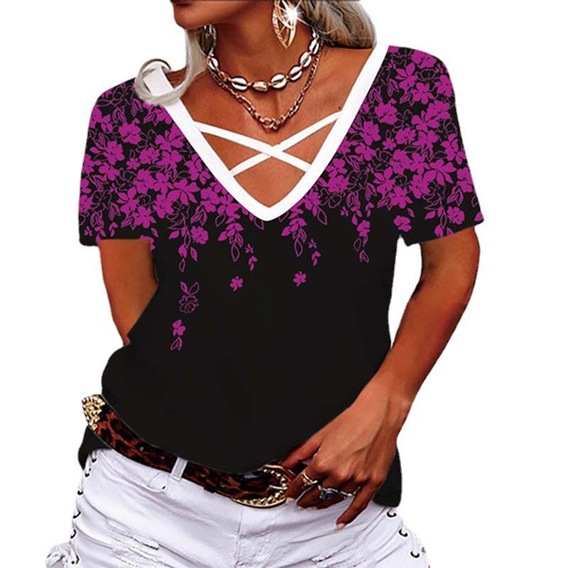 Loose V-neck Cross Printed T-shirt Women's Clothing