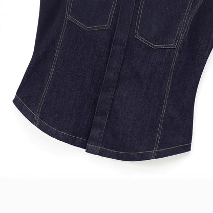 European And American Style Fashion String Decoration Lapel Sleeveless Denim Shirt