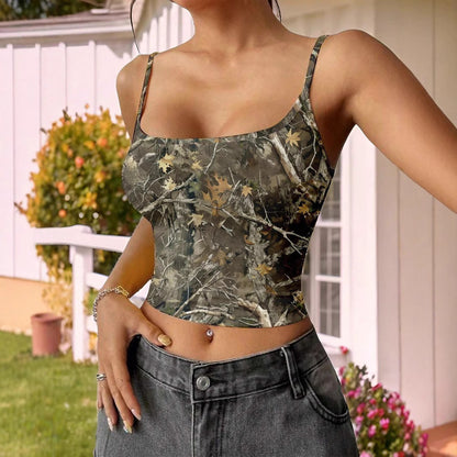 Top de ropa de verano para mujer Tweet Tube impreso Top Retro Spaghetti Straps