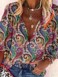 Bohemian Retro Geometric Print Colorful Spring And Autumn Women's Stand Collar Loose Shirt