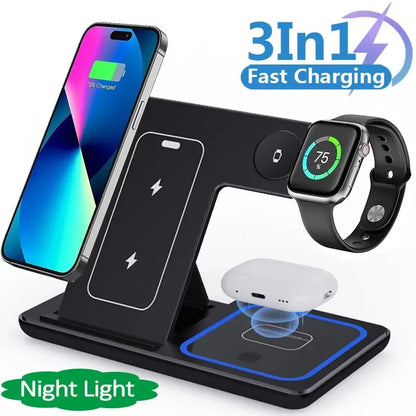Cargador Inalámbrico 3 en 1 de 15W con LED – Estación Plegable para iPhone, Apple Watch y AirPods