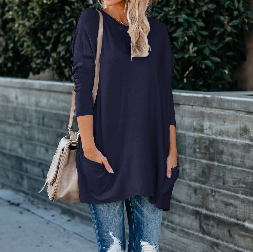 Round Neck Long Sleeve Pocket T-shirt Top