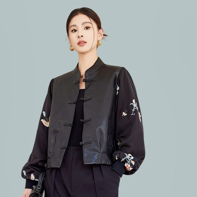 Abrigo de Cuero con Costuras, Estilo Chino Moderno y Retro para Mujer