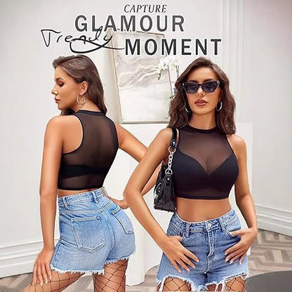 Ropa interior transparente de chaleco de malla de camisa de fondo sexy encaje de cuello redondo