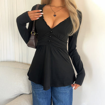 European And American Leisure Vacation Style Deep V Long Sleeve